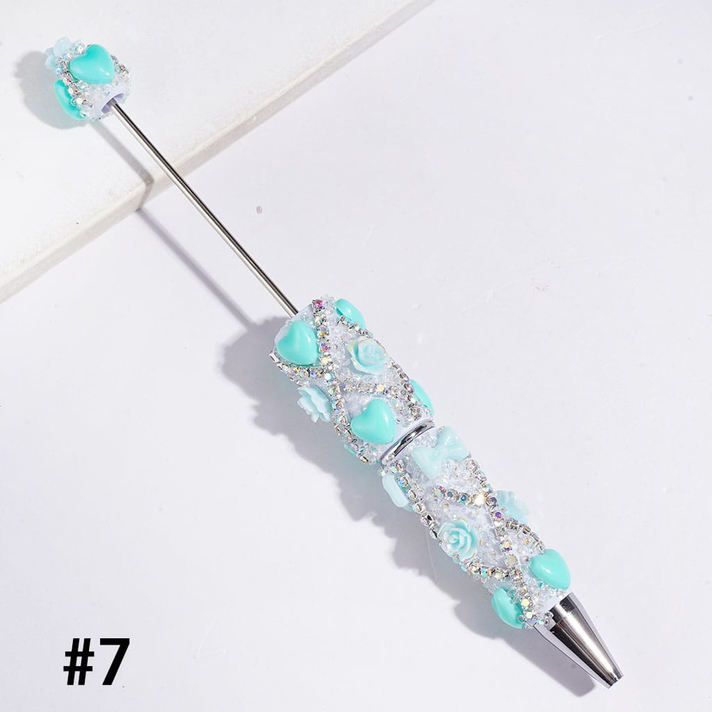 Handmade Beadable Sugar Pens with Heart Bowtie UV-Coated Rose Flower and AB Rhinestone Chains, Multi-Color