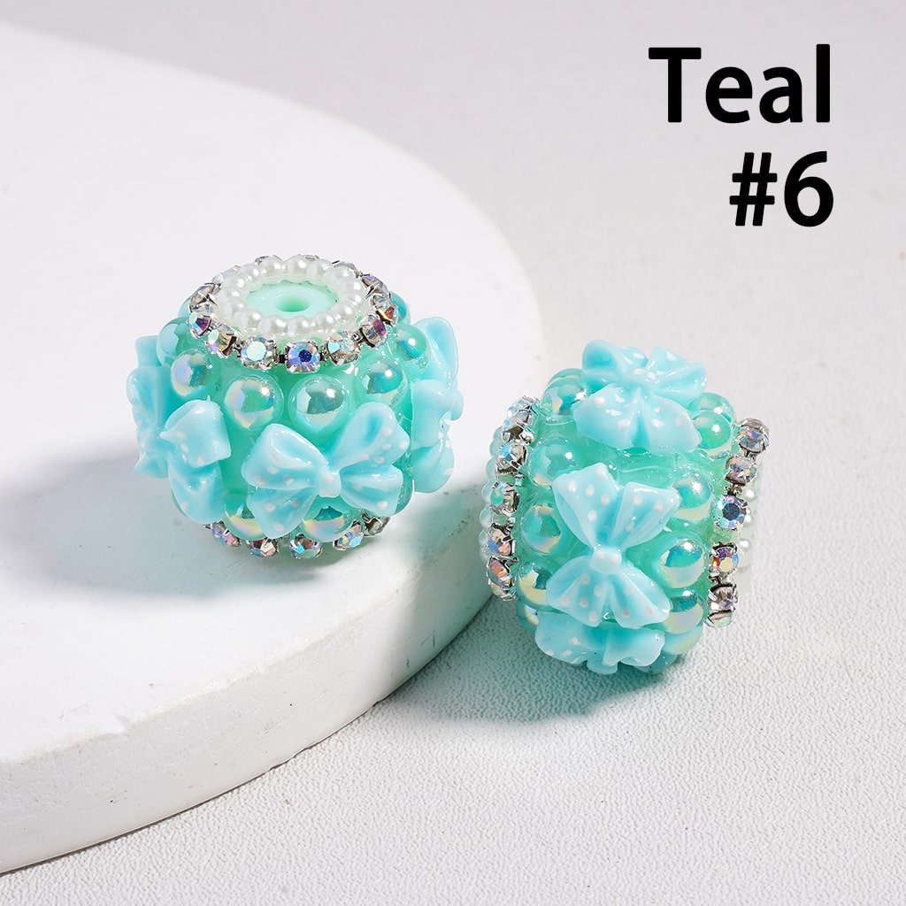 Cute Bowtie White Polka Dots, Half-Shell Pearls & Multi-Color AB Rhinestones Chains, Round Acrylic Beads 22MM
