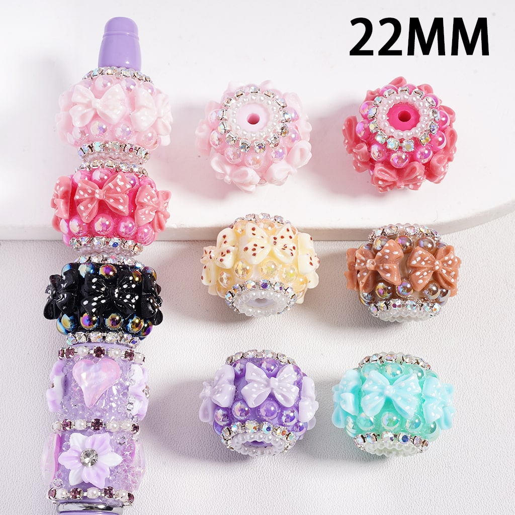Cute Bowtie White Polka Dots, Half-Shell Pearls & Multi-Color AB Rhinestones Chains, Round Acrylic Beads 22MM