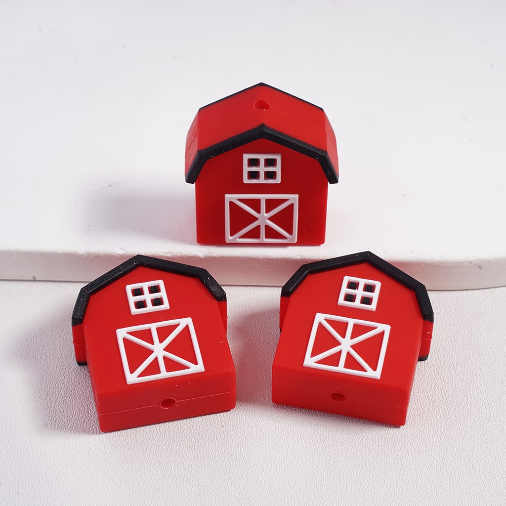 Red Meni Farmhouse Barn Charms with Black Trim and White Accents Silicone Focal Beads