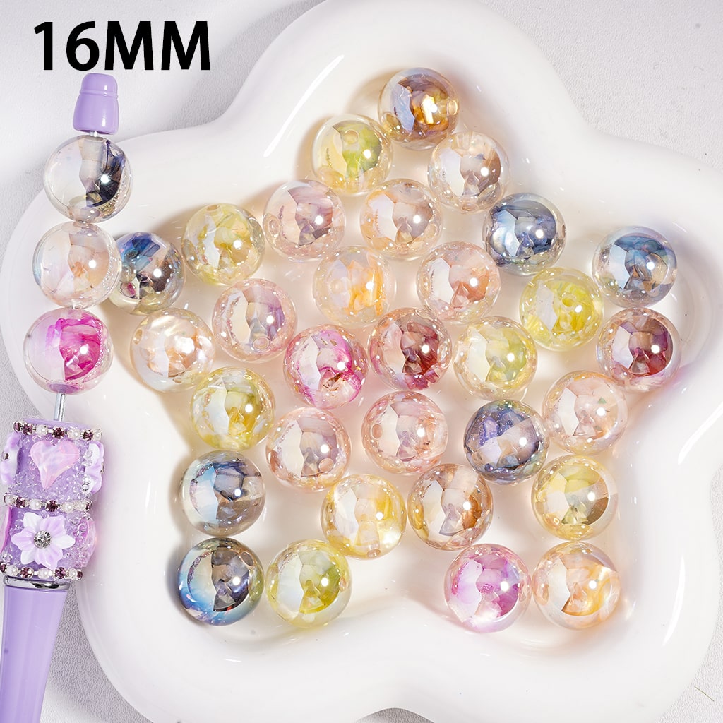 UV Coating Glitter & Shell Flakes Translucent Color Round Acrylic Beads 16MM, Random Mix