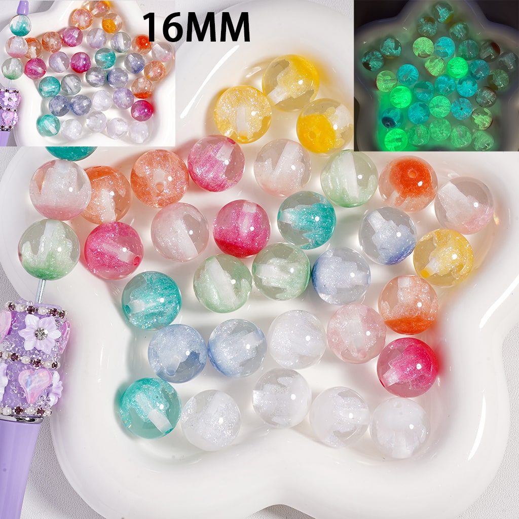 Luminous Glitters & Iceberg Inside, Semi Clear Color Changing, Round Acrylic Beads 16MM