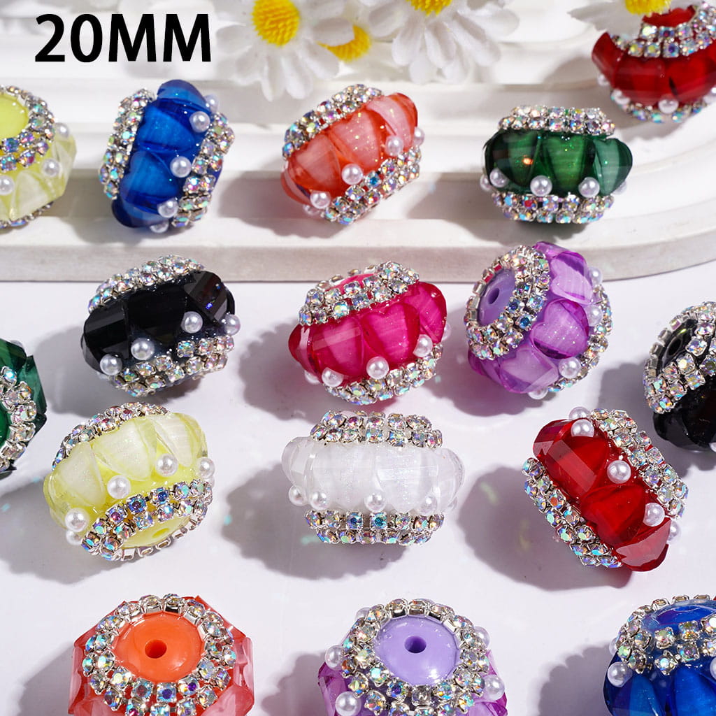 20MM - Handmade Acrylic Beads with Glittery Heart and AB Rhinestone Chains, White Pearls, Multi-Color, Random Mix
