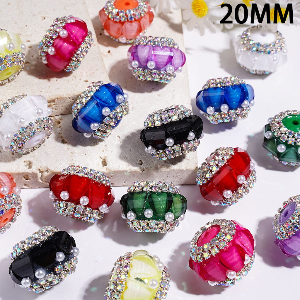 20MM - Handmade Acrylic Beads with Glittery Heart and AB Rhinestone Chains, White Pearls, Multi-Color, Random Mix
