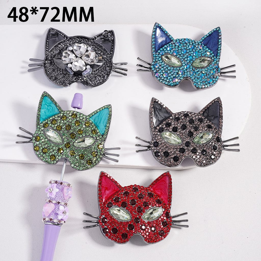 Cat Head Face Mask Bead White Pearls & Green Rhinestone Eyes Clay Beads 48*72MM