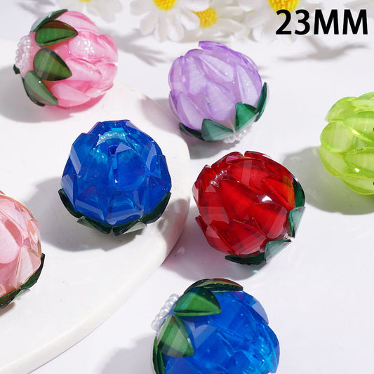 Charming Flower Bud Design with Glittery Water Drop Rhinestone & White Pearl Chain Accents, Handmade Acrylic Beads, 23MM, Multi-Color, Random Mix