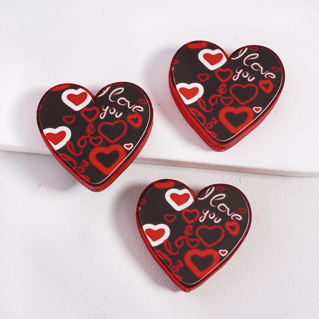 Heart Shape Design with Text "I Love You" and Double Colors Hearts Valentine's Day Tmeme Silicone Focal Beads