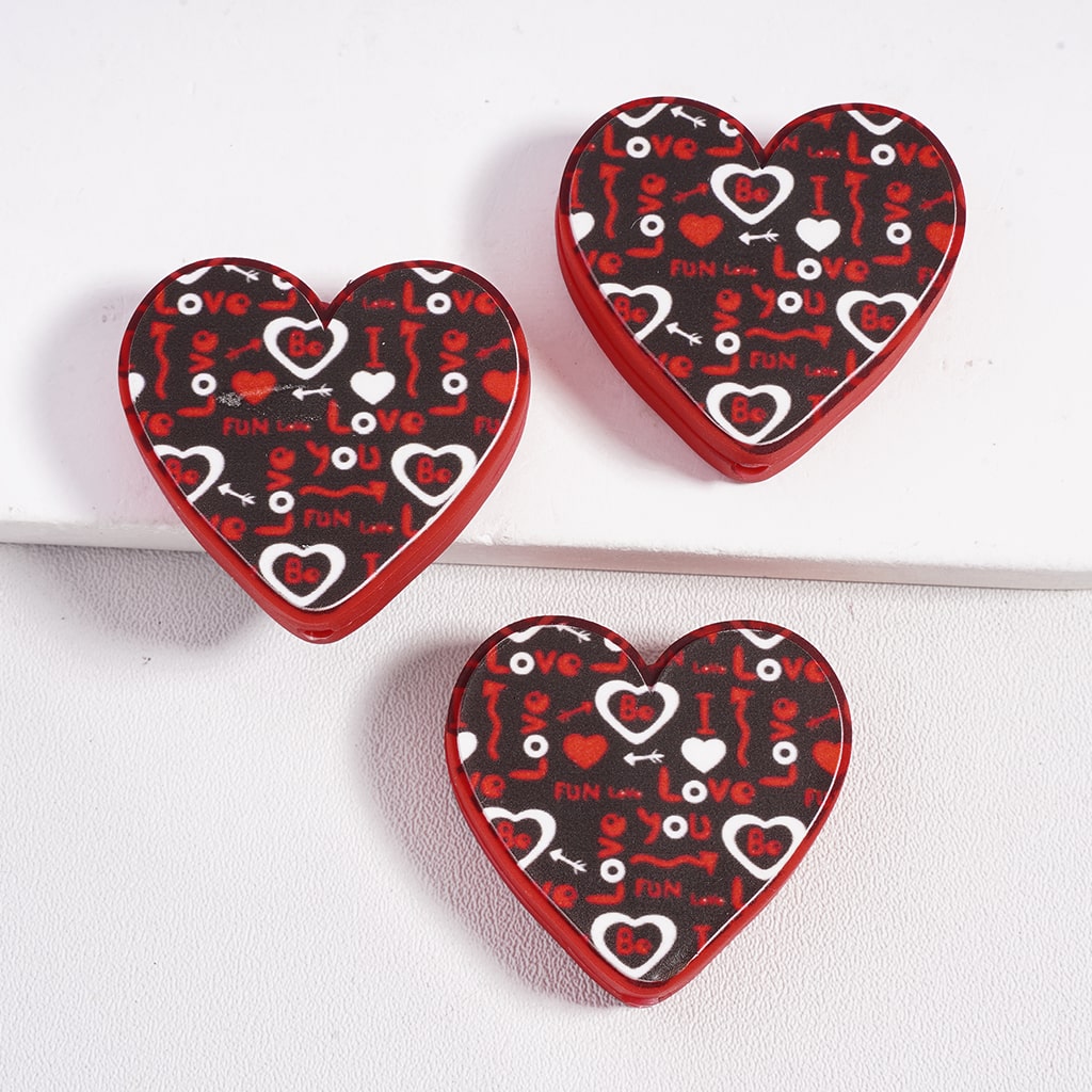 Heart Shape Design with Text "I Love You" and and Black Red Colors Hearts, Valentine's Day Tmeme Silicone Focal Beads
