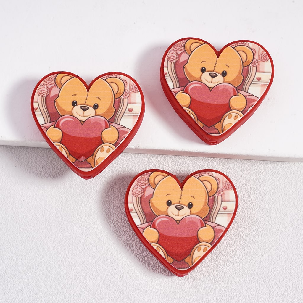 3D Brown Bear Hugging Red Heart & Roses Flowers Valentine's Day Theme Heart Shape Silicone Focal Beads