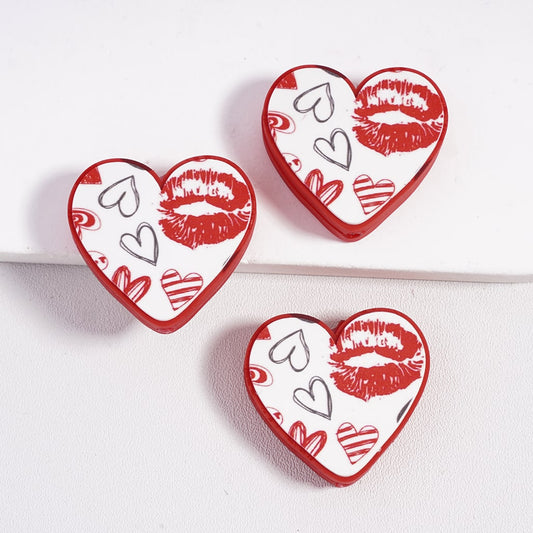Heart Shape Design with Red Lip Prints and Hearts Valentine's Day Theme Silicone Focal Beads