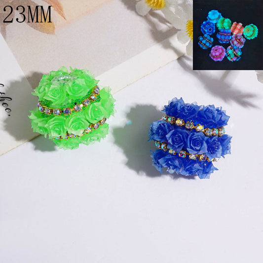 Luminous Multi-Color Rose Flower with Tiny Bubble Balls, White Pearl & AB Rhinestone Chains, Handmade Acrylic Beads, 23MM, Random Mix