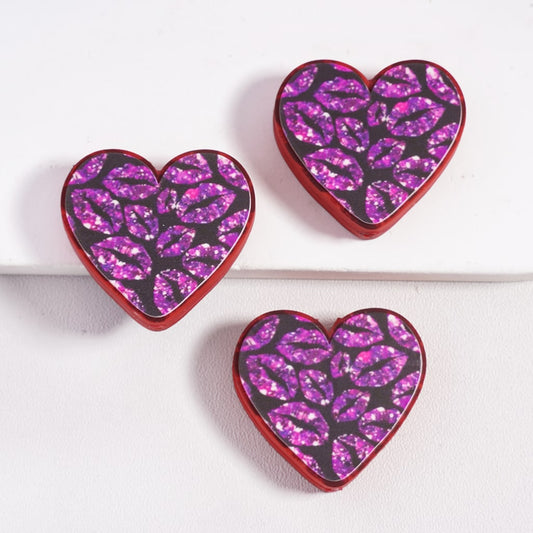 Heart Shape Design with Glittery Purple Lip Prints Valentine's Day Theme Silicone Focal Beads