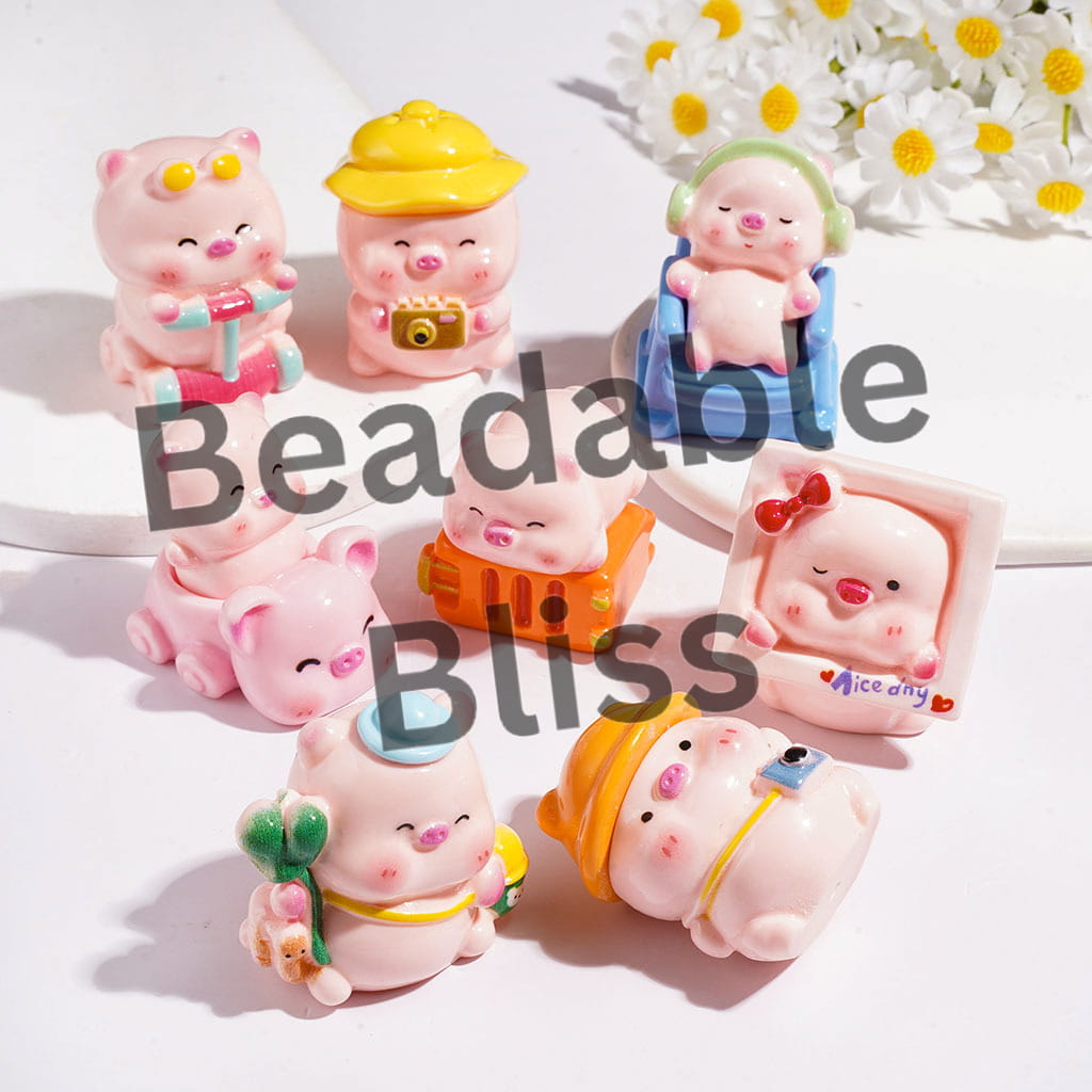 Japanese Pink Pig Cartoon Character Summer Holiday Series Acrylic Figurine for Beads and Pen Topper, Jewelry Accessories, Random Mix
