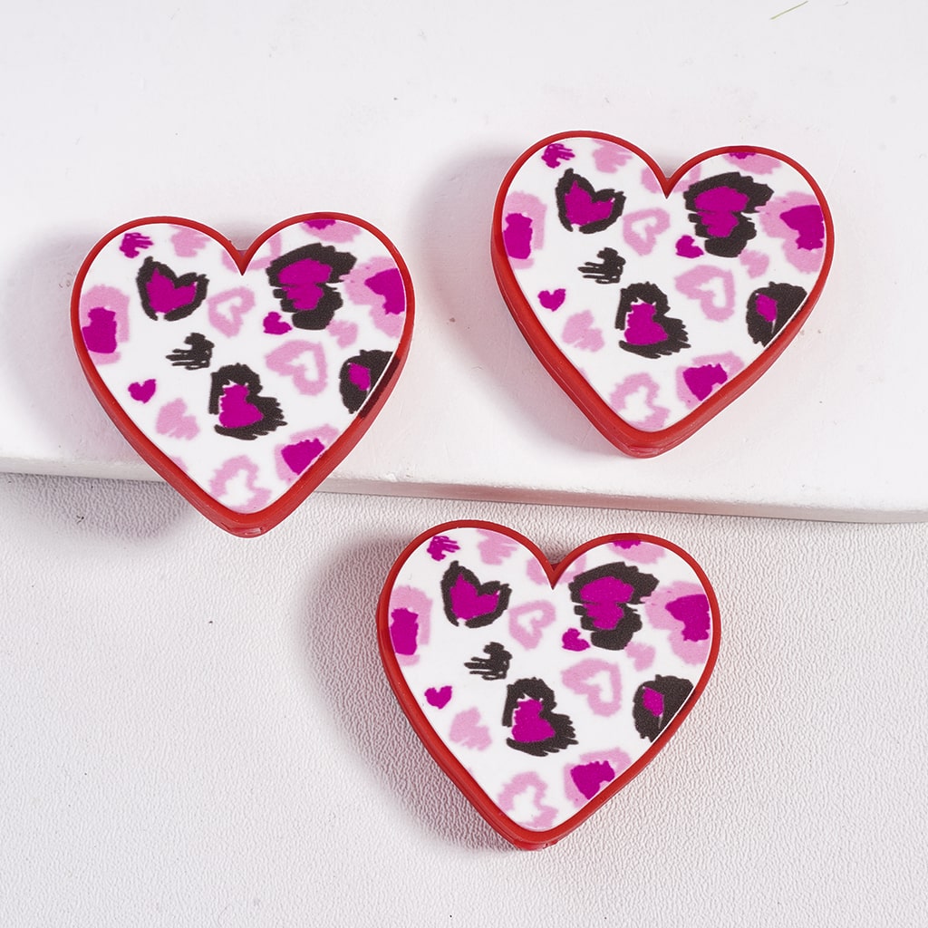 Heart Shape Design with Pink-Purple Leopard Print Hearts Valentine's Day Theme Silicone Focal Beads