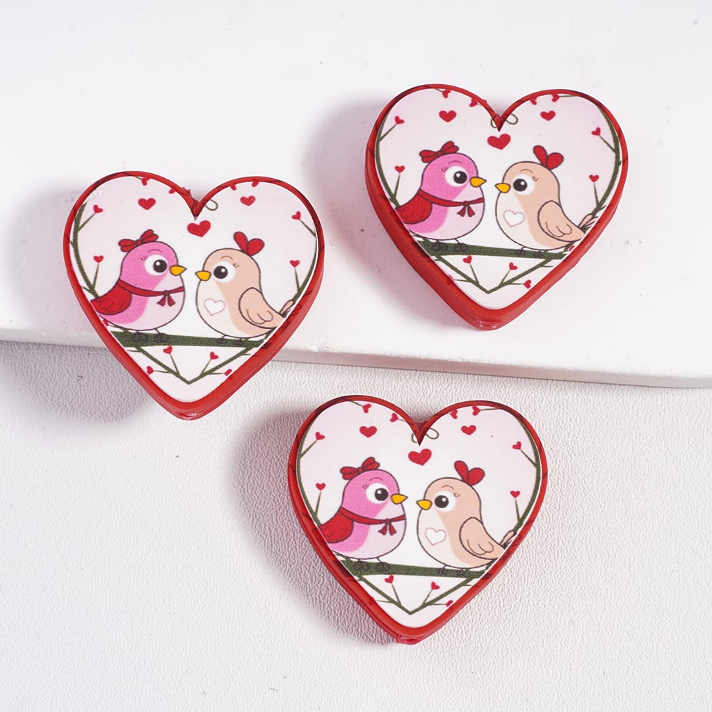Heart Shape Design with Two Love-Birds Valentine's Day Love Theme Silicone Focal Beads