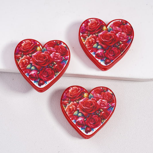 Heart Shape Design with Red Rose Flowers Valentine's Day Theme Print Silicone Focal Beads