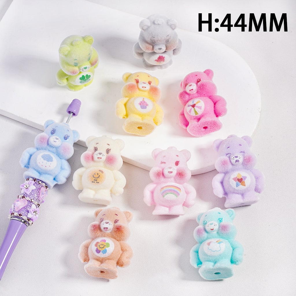 Fluffy Flocked Cute Bear Multi Color can be also used as Acrylic Beads or Pen Topper Height 44MM, Random Mix
