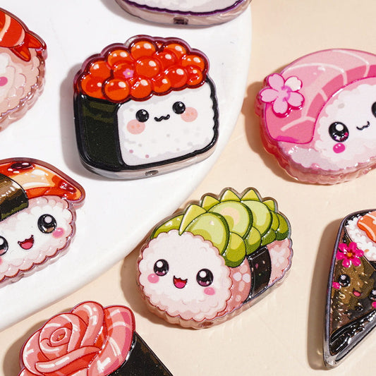 Cute Japanese Cheerful Cartoon Faces Sushi Meal Series Acrylic Beads, Semi-Clear, Random Mix