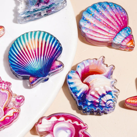 Vibrant Scallop, Starfish, Conch & Splashing Mermaid Tail Marine Life Series Acrylic Beads, Random Mix