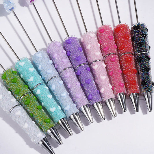 Tiny Iridescent Bubble Ball & Heart Accents, Full-Covered Sparkle Beadable Pens, Multi-Color