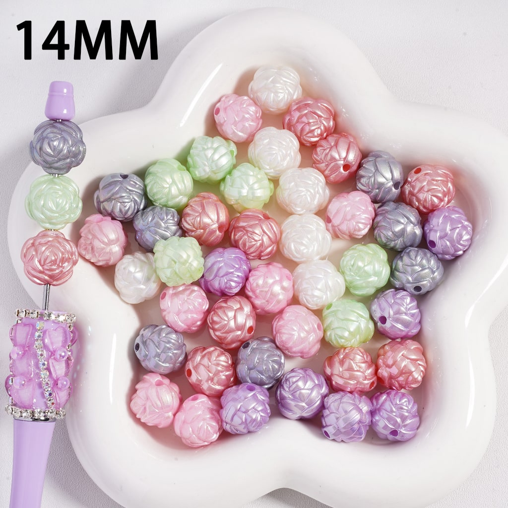 UV Coated Glitter Lotus Multi Color Flower Design Round Acrylic Bead 14MM, Random Mix