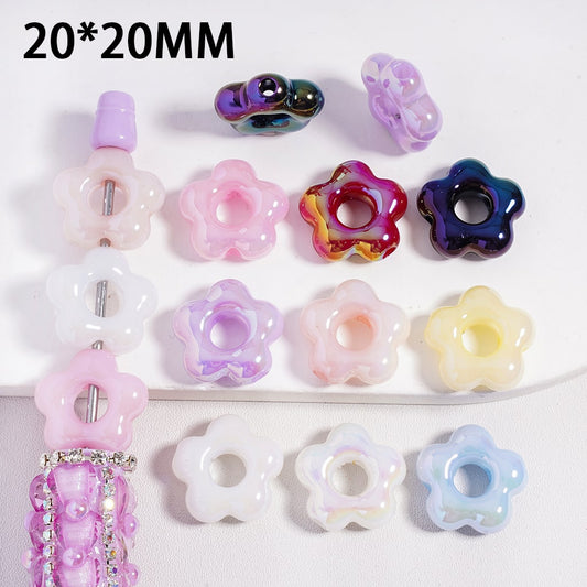 Colorful beaded accessories with sizes indicated on a white background
