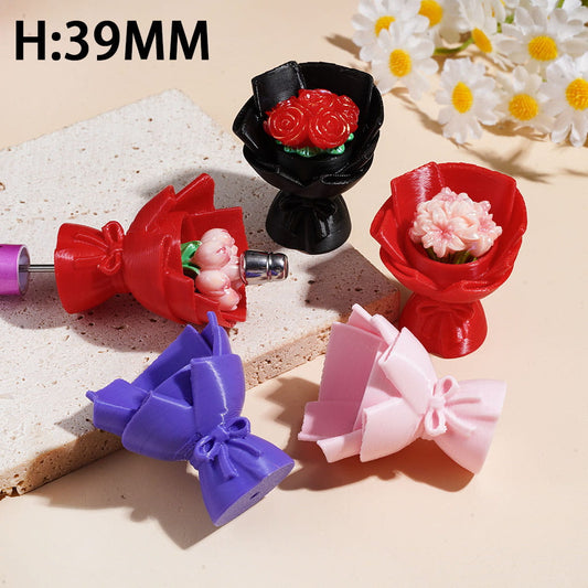 Cute Hollowed Bouquet Style Vase with Bowtie Detail Acrylic Beads, 39MM, Multi-Color, Random Mix
