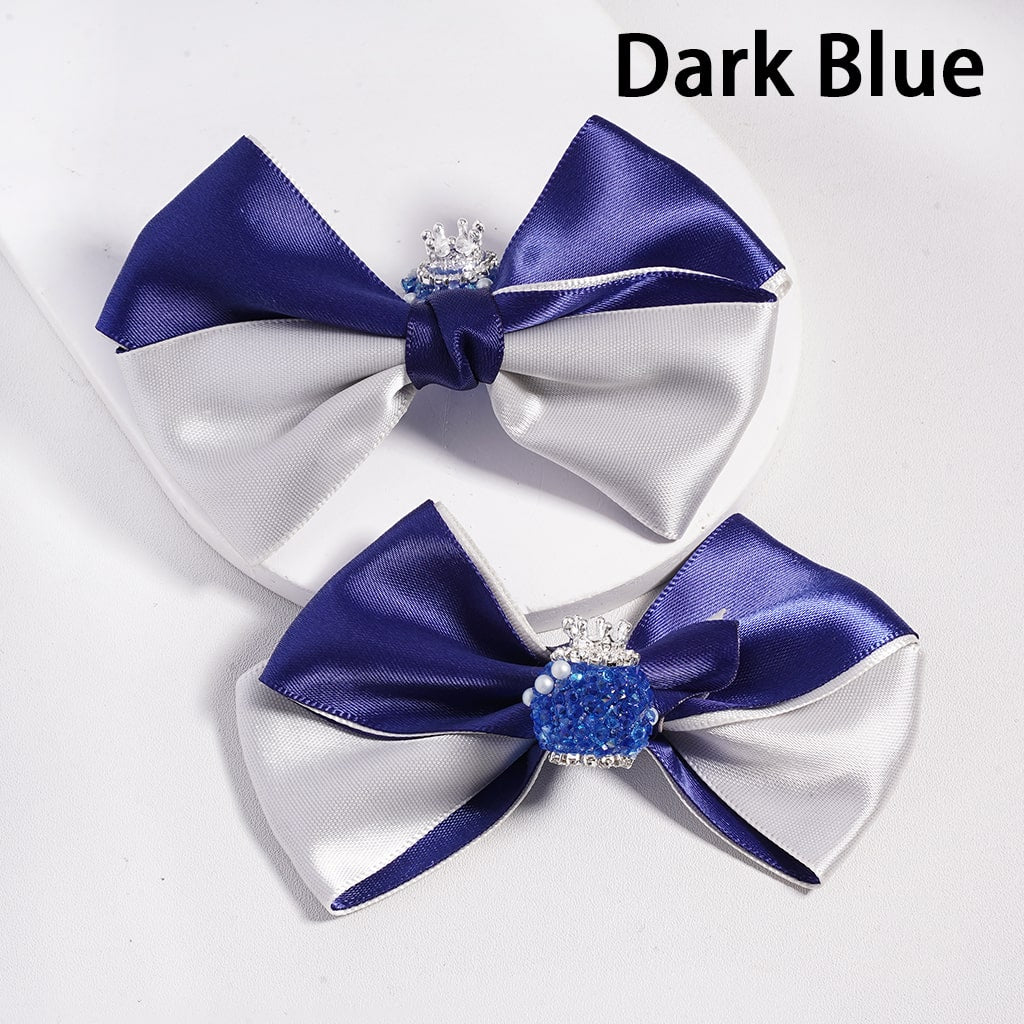 Two dark blue satin bows with decorative centers on a white background, labeled 'Dark Blue'.