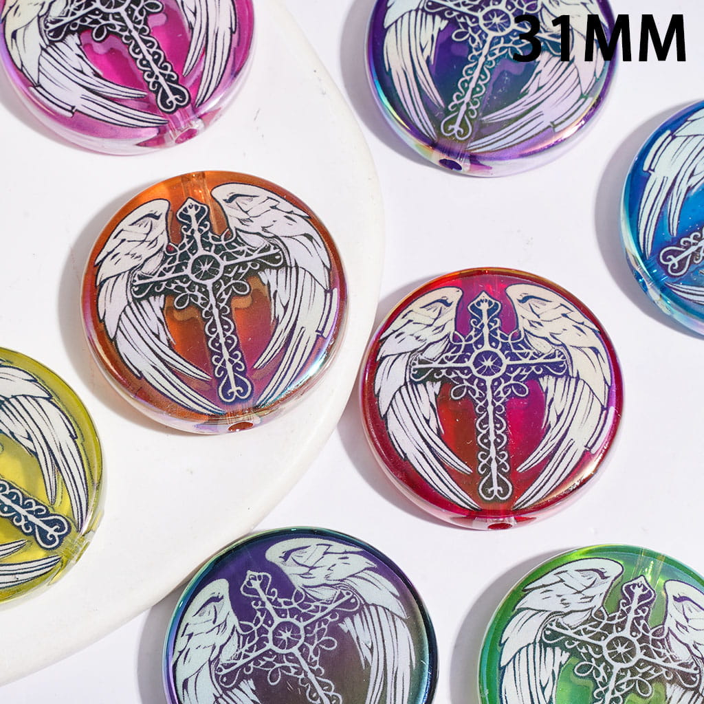 Multi-Color UV-Coated Cross & Angel Wings Design Acrylic Beads, 31MM, Flat Round Shape, Random Mix
