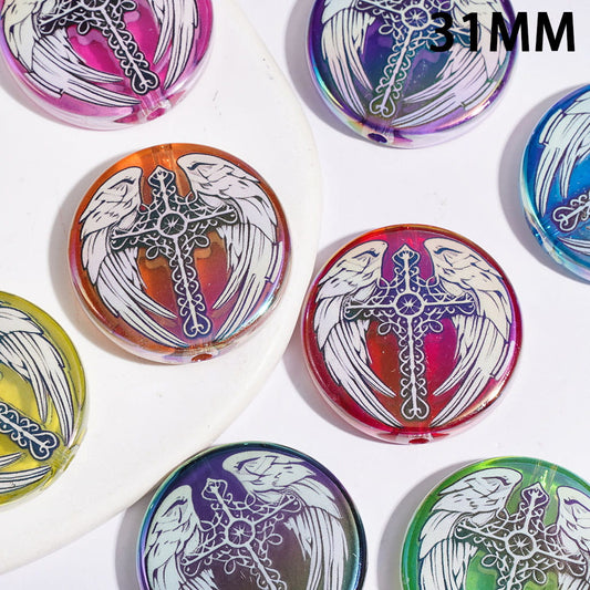 Multi-Color UV-Coated Cross & Angel Wings Design Acrylic Beads, 31MM, Flat Round Shape, Random Mix