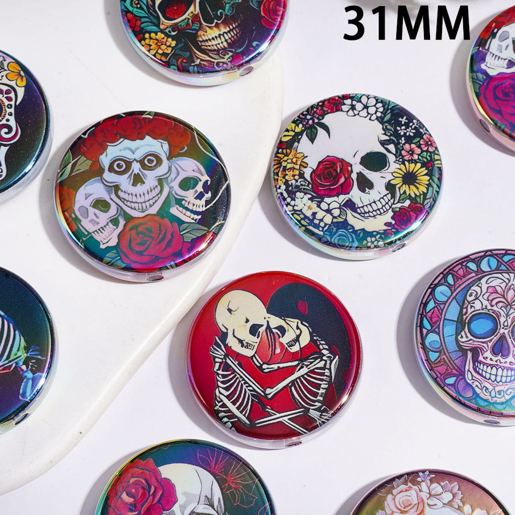 UV-Coated Spooky Skull Head with Floral Details, Flat Round Shape Acrylic Beads, 31MM, Random Mix