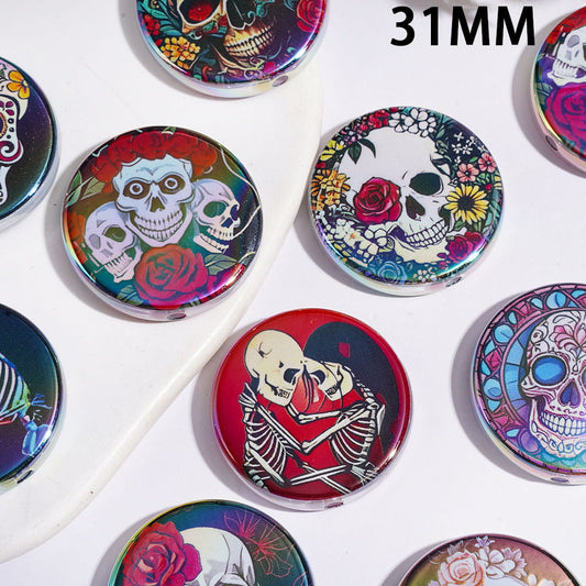 UV-Coated Spooky Skull Head with Floral Details, Flat Round Shape Acrylic Beads, 31MM, Random Mix