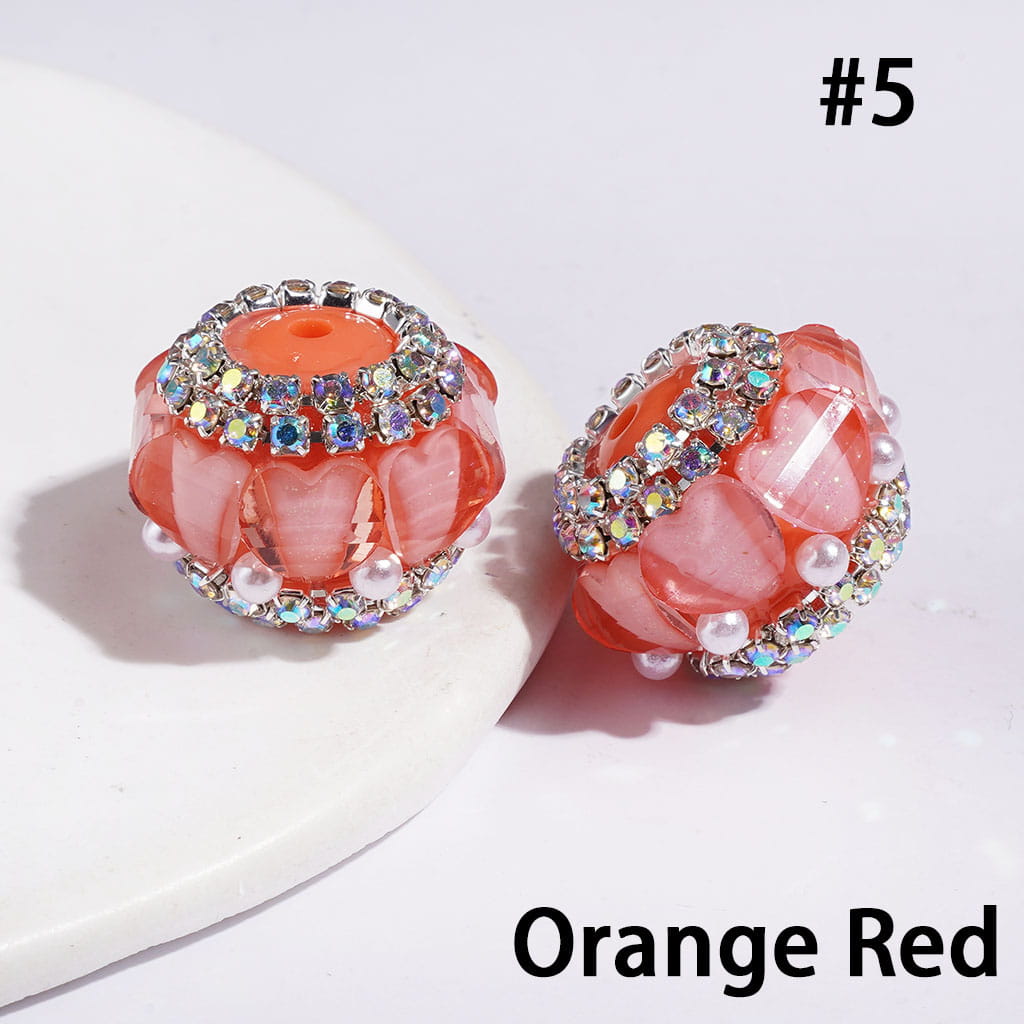 20MM - Handmade Acrylic Beads with Glittery Heart and AB Rhinestone Chains, White Pearls, Multi-Color, Random Mix