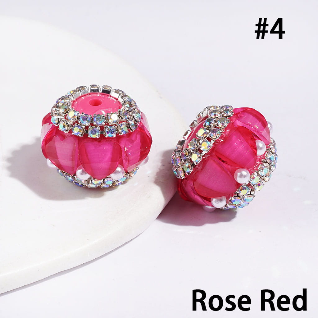 20MM - Handmade Acrylic Beads with Glittery Heart and AB Rhinestone Chains, White Pearls, Multi-Color, Random Mix