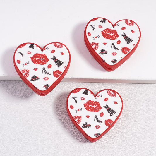 Heart Shape Design in Valentine's Day Theme, with Red Lip Prints Skirt Black High-Heeled Shoes Silicone Focal Beads