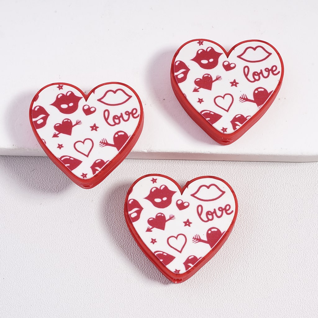 Heart Shape Design  with Text "Love" and Heart Hit by Cupid's Arrow Valentine's Day Theme Print Silicone Focal Beads