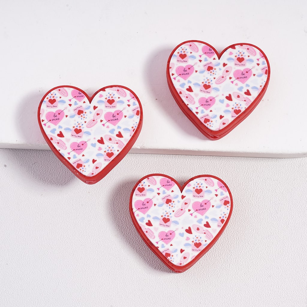 Heart Shape Design in Valentine's Day Style, Hearts Shot by Cupid's Arrow Print Silicone Focal Beads