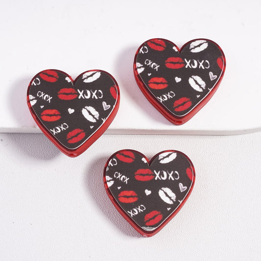 Heart Shape Design Text "XOXO" and Red White Lip Prints Hearts in Valentine's Day Theme, Print Silicone Focal Beads