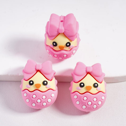 3D Pink & Yellow Hatched Chick with Bowtie & Polka Dots Silicone Focal Bead