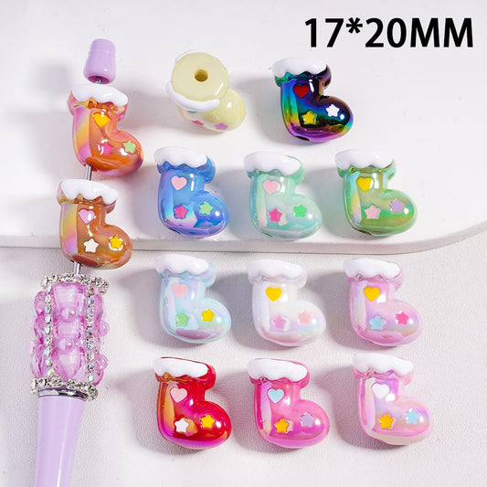UV Coating Christmas Stocking with Colorful Heart and Star Acrylic Beads 17*20MM, Random Mix