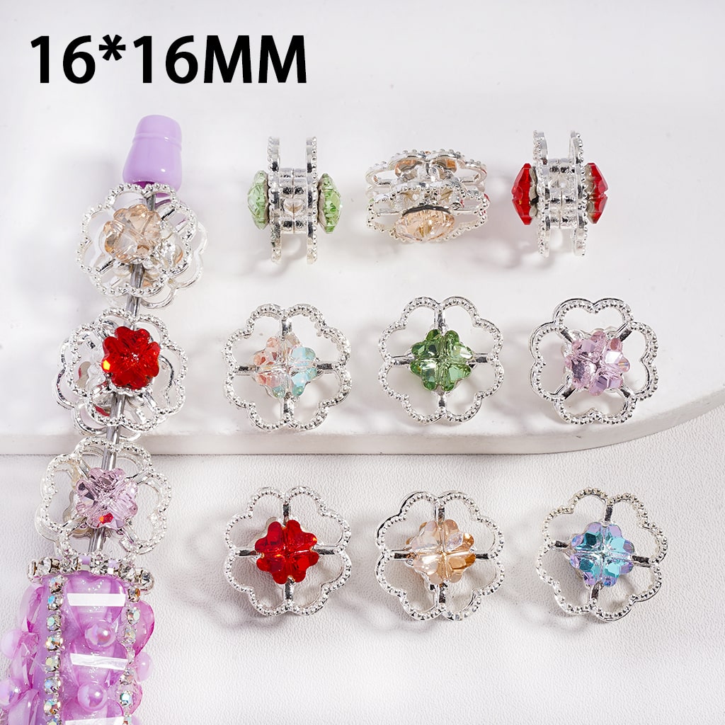 Fancy Silver Flower & Four Leaf Clover Metal Bead Clear Rhinestones 16mm Random Mix