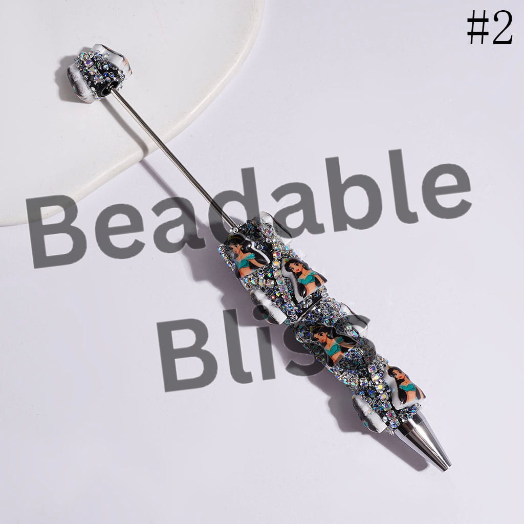 Beadable Sugar Pens with Classic Animation Pretty Princess Character & Cone Shaped Clear Rhinestones, AB Rhinestone Chains