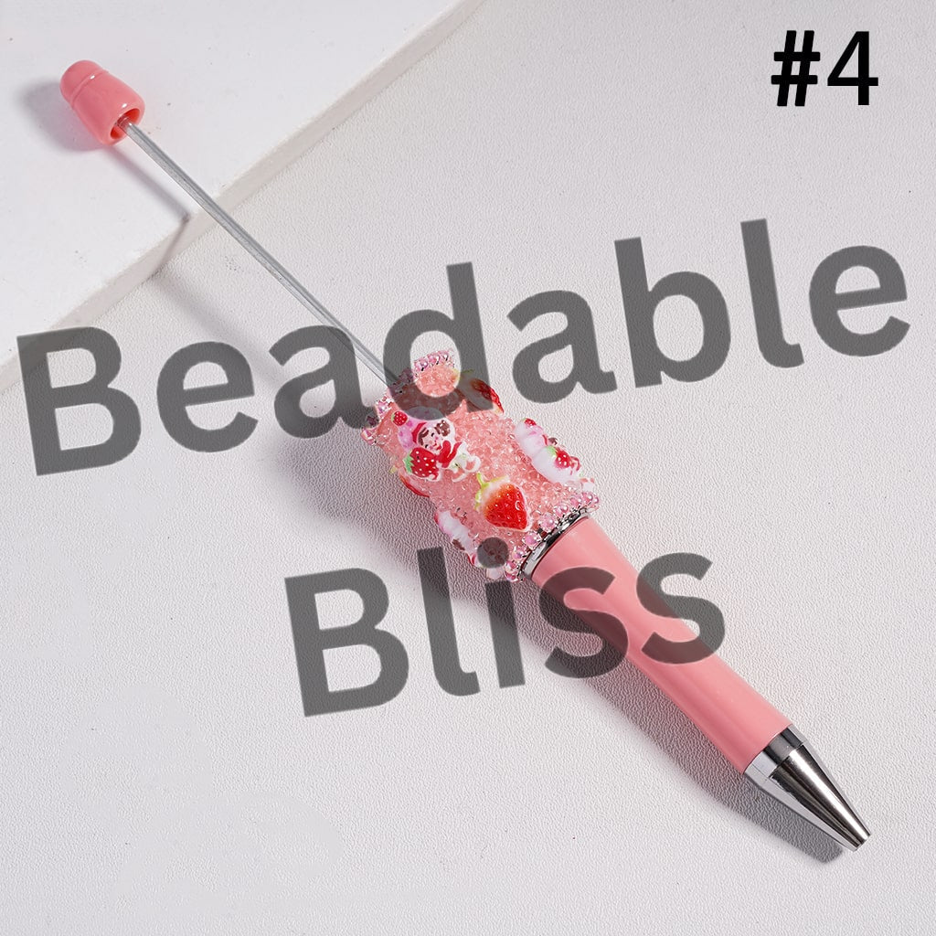 Sugar Beadable Pen with Cute Strawberry Girl Series, Pink Pearls Chains and Clear Rhinestones