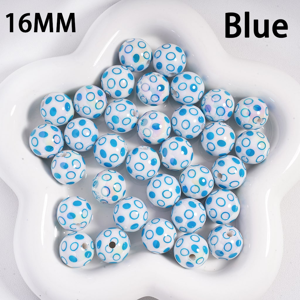 UV Coated Polka Dot Multi Color on White Background Round Acrylic Beads 16 mm