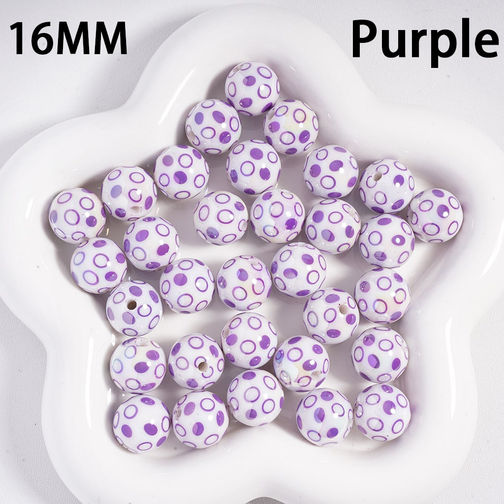 UV Coated Polka Dot Multi Color on White Background Round Acrylic Beads 16 mm