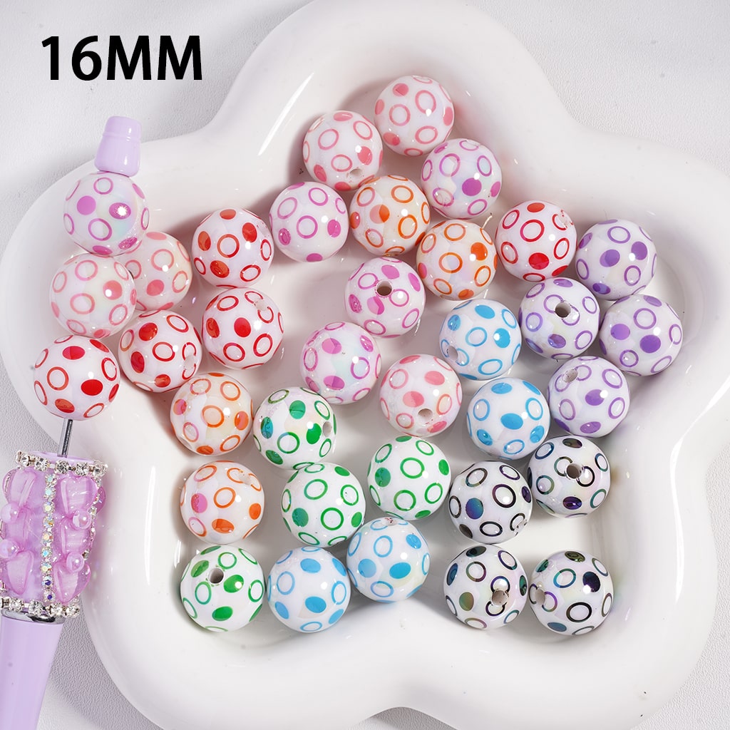 UV Coated Polka Dot Multi Color on White Background Round Acrylic Beads 16 mm