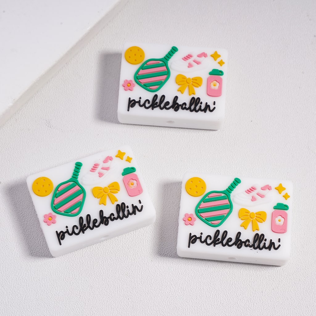Pickleball Racket Theme Series White Square Shape Silicone Focal Bead