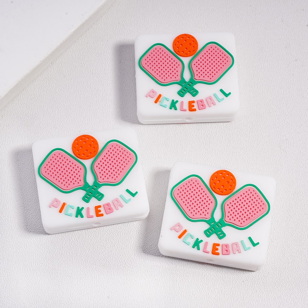Pickleball Racket Theme Series White Square Shape Silicone Focal Bead