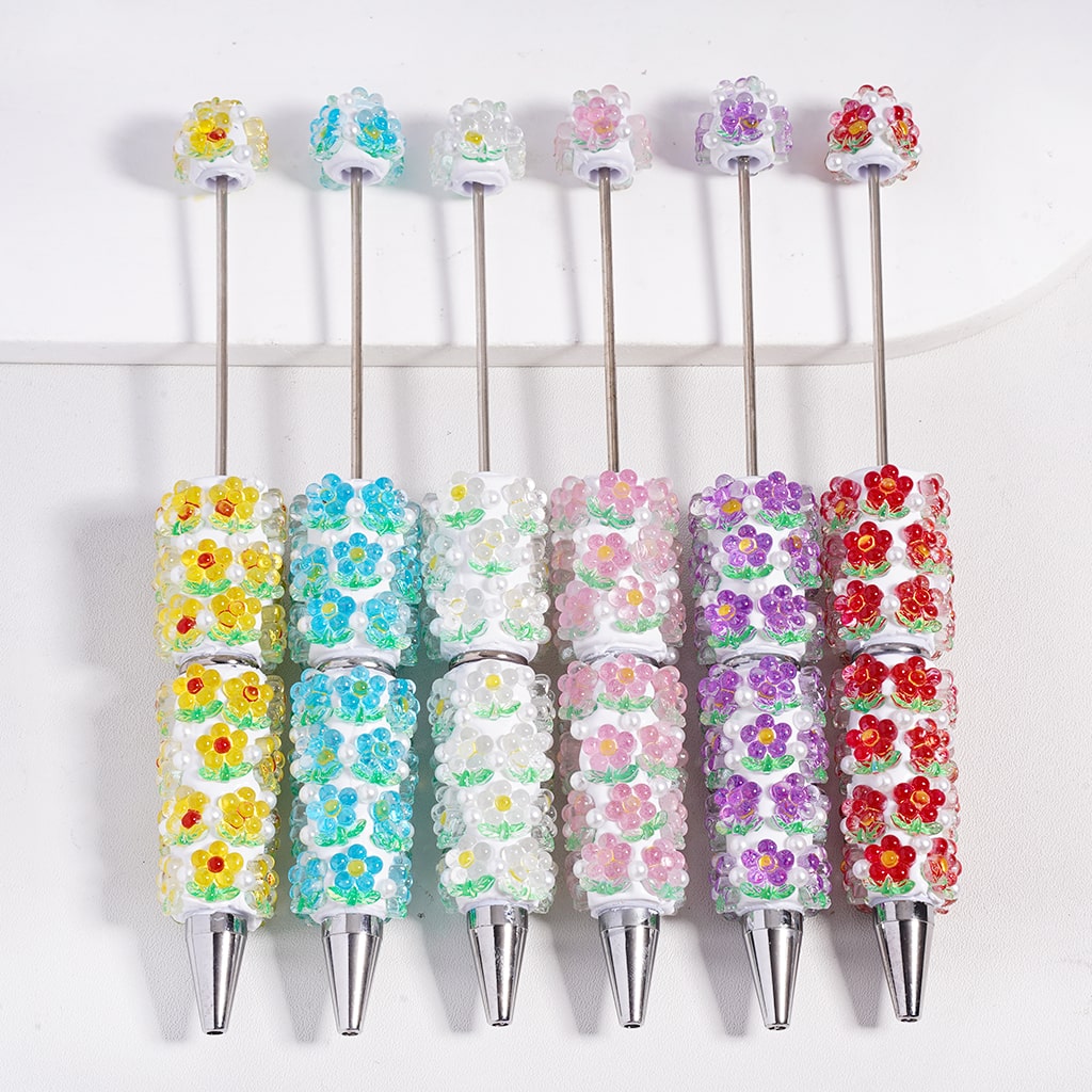 Multicolor Flowers and White Pearls, Transparent Color Beadable Clay Pen Random Mix