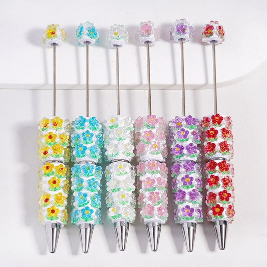 Multicolor Flowers and White Pearls, Transparent Color Beadable Clay Pen Random Mix
